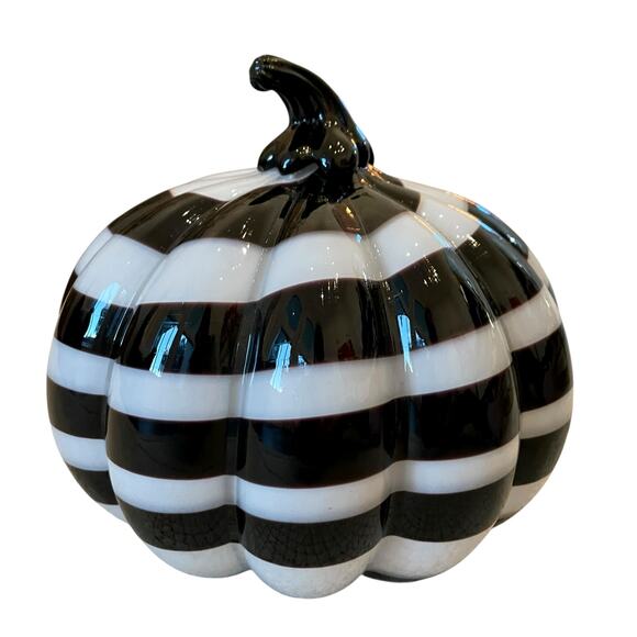 Christian Siriano Hand Blown Art Glass Pumpkin White Black Stripe Swirl 9x8 NEW - Picture 1 of 15